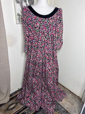 Vtg Bete Inc Honolulu Hawaiian Muumuu Maxi Dress Floral Cotton Black Yoke 16